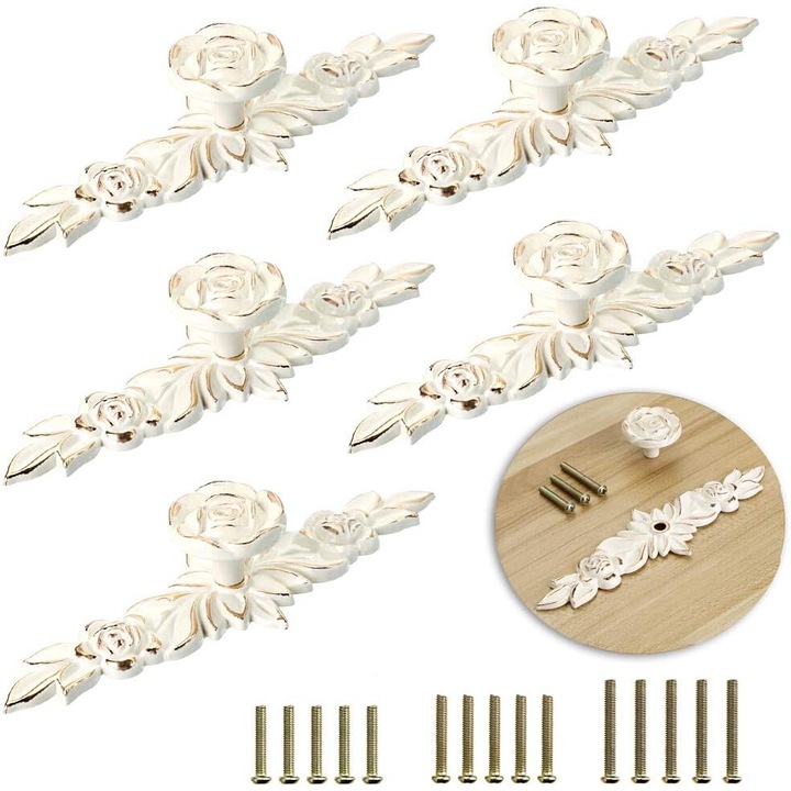 Set 5 manere mobila, aliaj, design frunza, 14.5 x 4.2 x 2.1 cm, alb/auriu