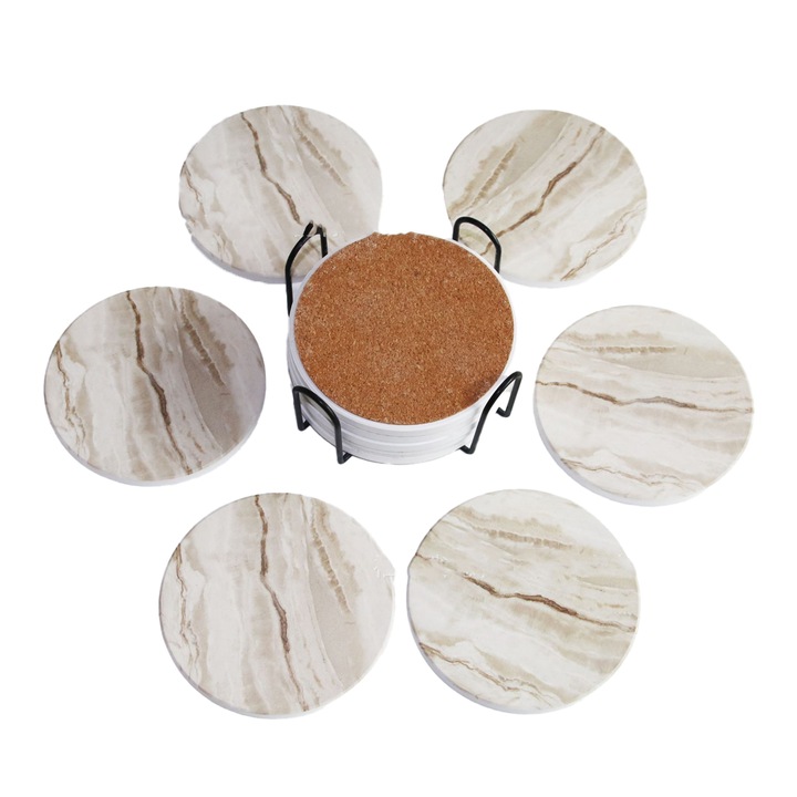 6 db nedvszívó kerámia italtartó készlet fém talppal, márvány mintával