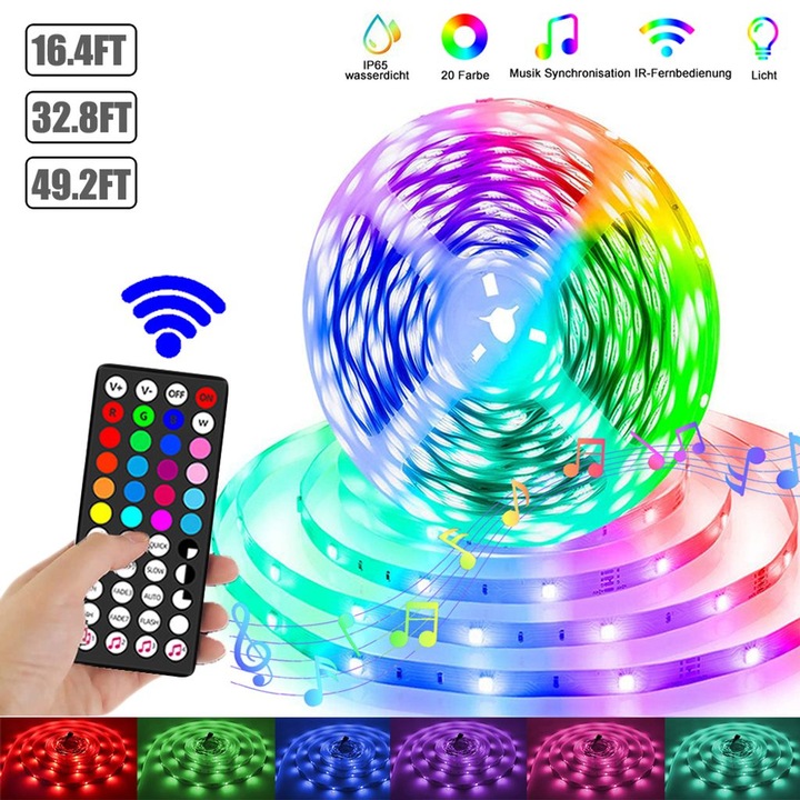 Banda LED multicolor, impermeabila, cu telecomanda, 5m - eMAG.ro