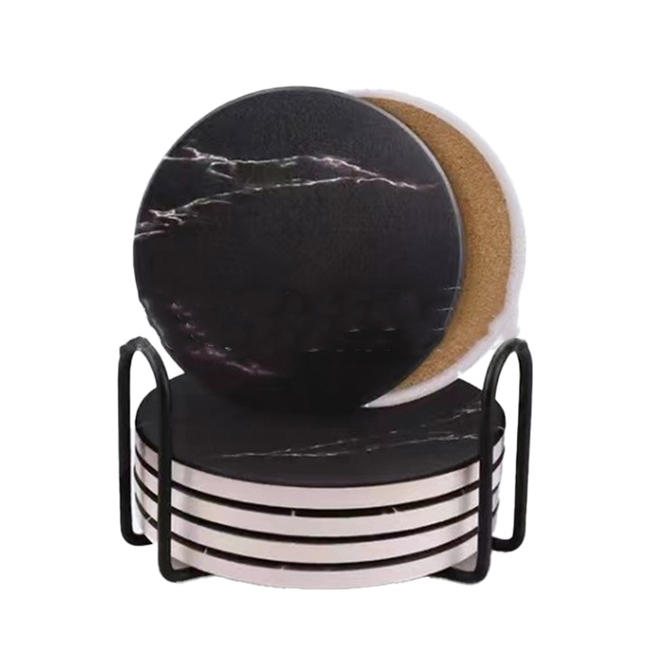 6 db nedvszívó kerámia italtartó készlet, fekete márvány stílusú, parafa alappal