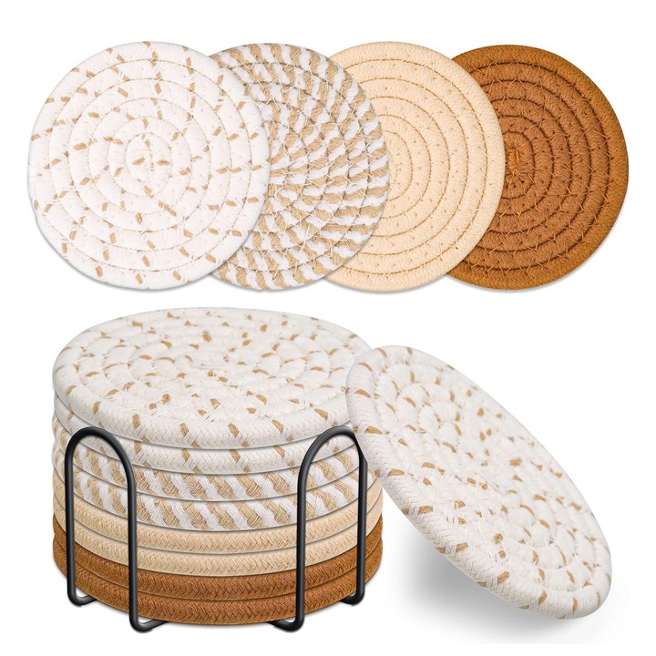 8 db pamut italalátét készlet, sötét khaki, 11x11cm, tároló tartóval