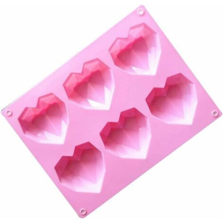 Forma prajituri, 6 cavitati, silicon alimentar, design inima 3D, Roz