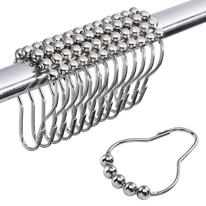 Catarame pentru perdea de dus, Enforose, inox, miscare lina, set de 12, alb