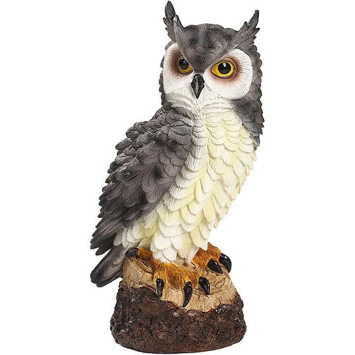 Statueta bufnita pentru gradina, Rasina, Pene gri, 17x10x7.5cm