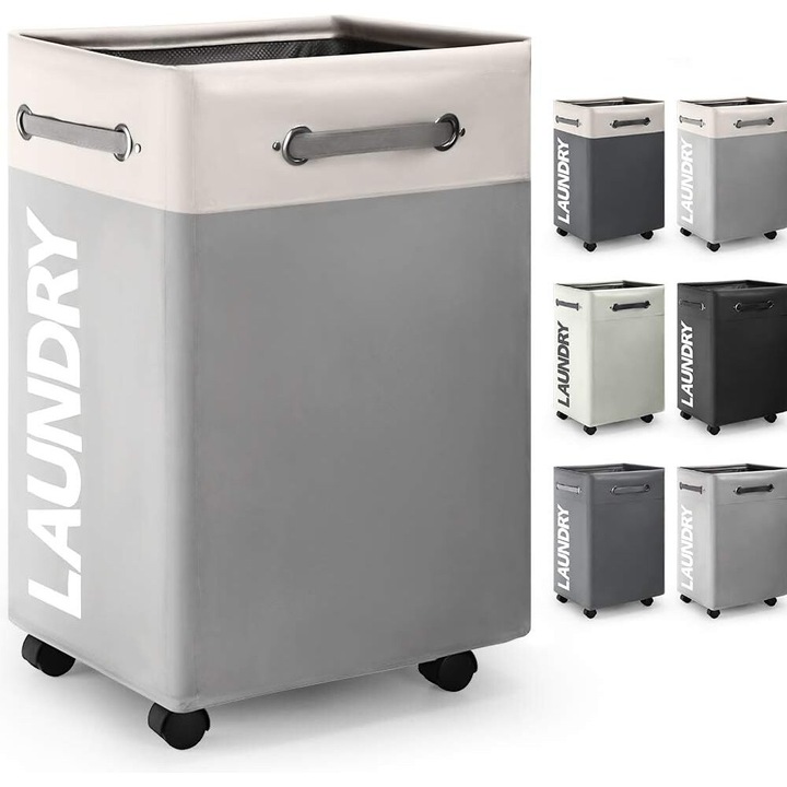 Cos de rufe pliabil, capacitate 74L, cu maner, alb cu gri, 30x41x64cm, set de depozitare