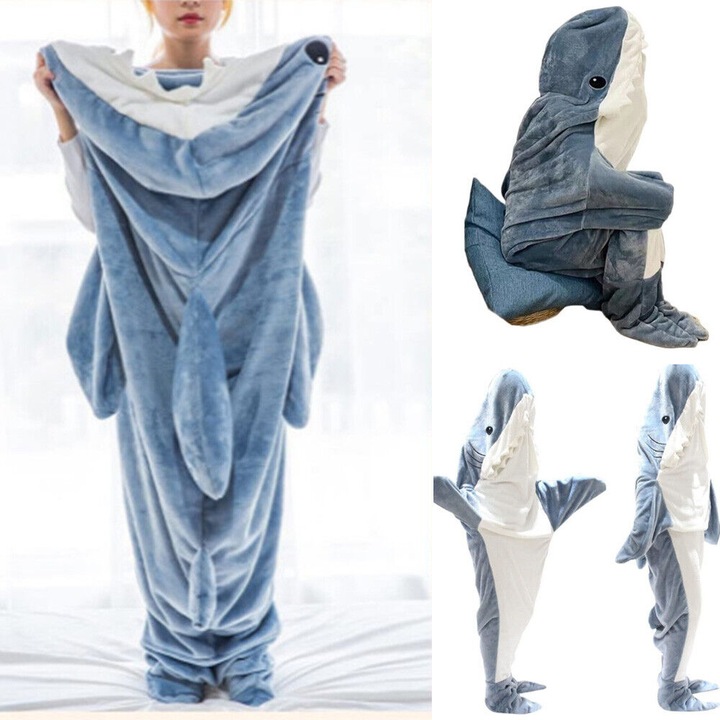 Костюм на акула, XL/190x90 см, фланелен материал, идеален за партита и филмови вечери