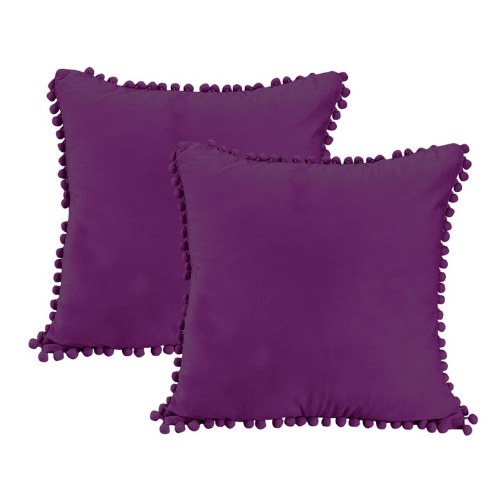 Комплект от 2 декоративни калъфки за възглавници, Jormftte, Pom-pom дизайн, Кадифе, 45x45 см, Лилаво