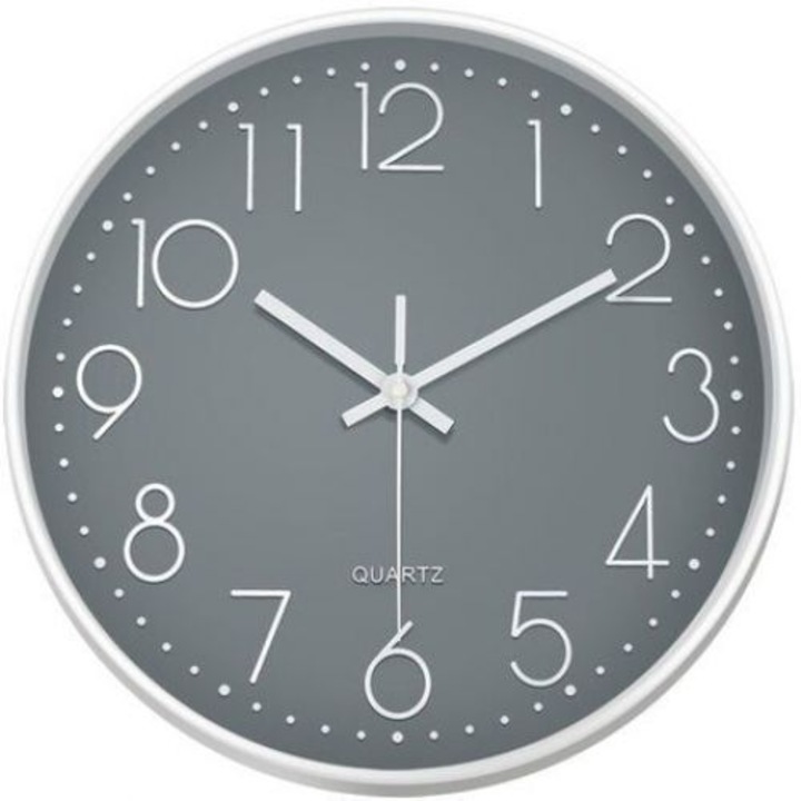 Ceas de perete Enforose, 30cm, design simplu, non-ticking, alimentat cu baterii, gri