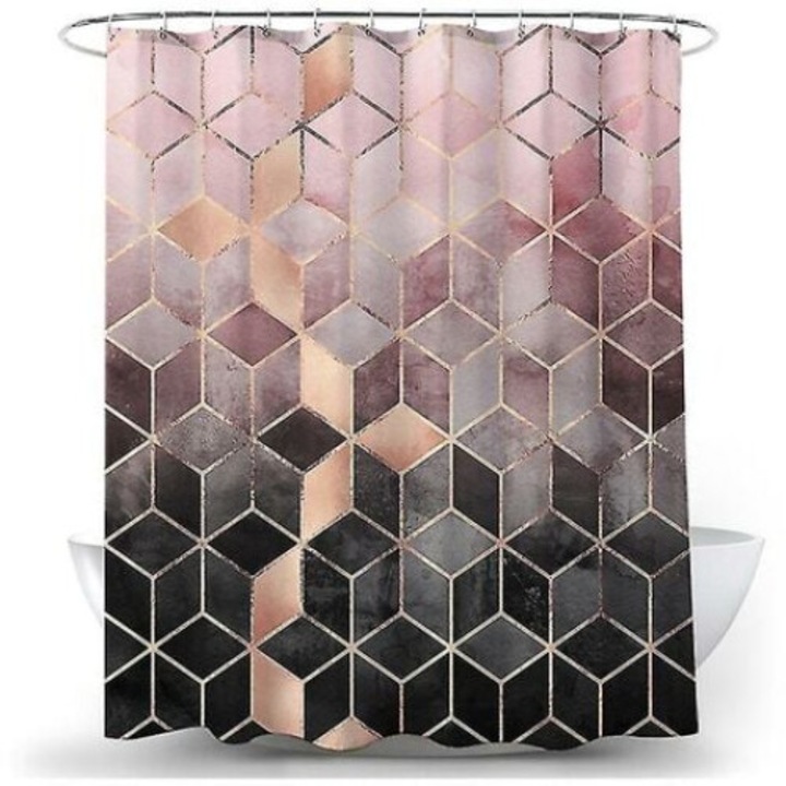 Perdea de dus impermeabila, geometrica, multicolor, 180x200cm, set cu carlige
