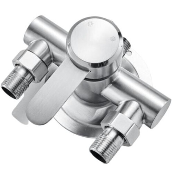 Szaniter csaptelep, melegvíz állítás, rozsdamentes acél, króm felület, szálcsiszolt fogantyú, 1/2"