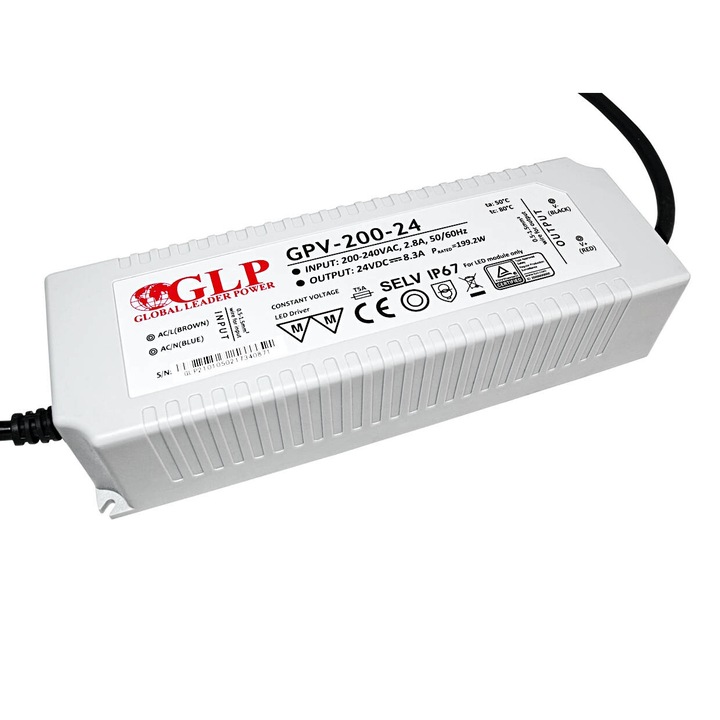 GLP захранване GPV серия, 24V/8.3A, 199.2W, IP67, 205x70x45mm, бяло