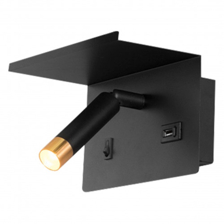 LED fali lámpa, USB port, alumínium, matt fekete arannyal, G9