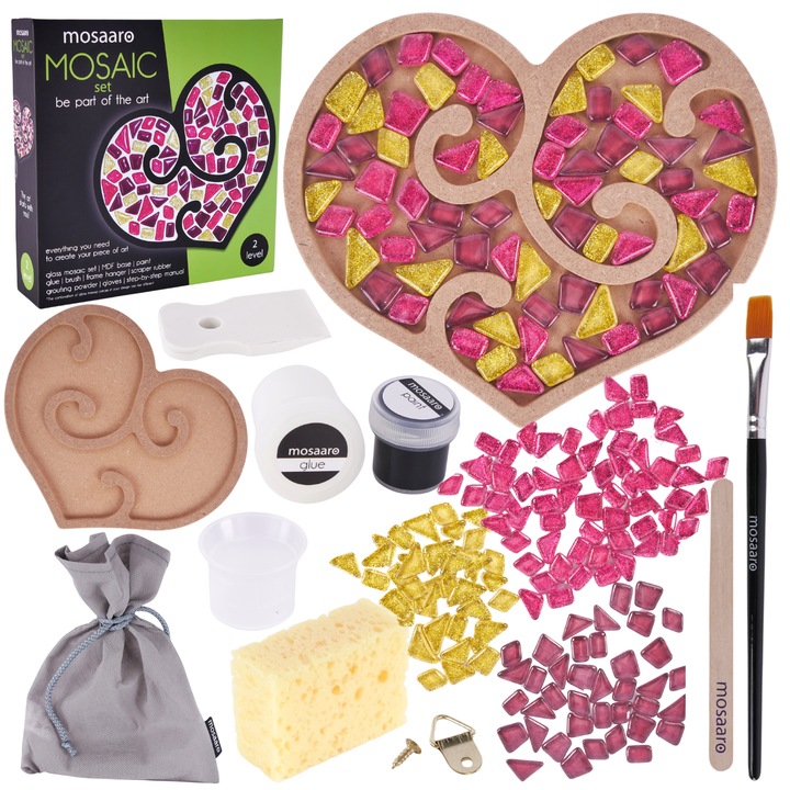 Set creativ Mozaica in forma de inima, maksik, 26x26x6,5cm, include accesorii pentru decorare