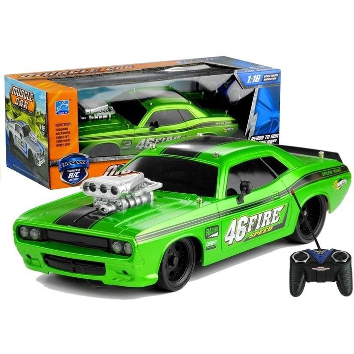 leantoys кола с дистанционно управление, Dodge Challenger, мащаб 1:16, зелена, 11x27x8cm