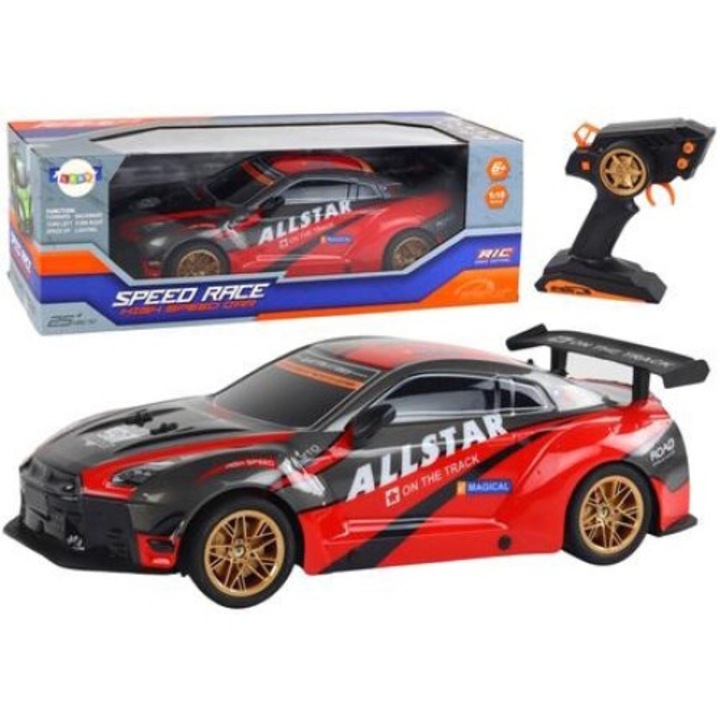 Masinuta sportiva R/C 1:10, leantoys, rosu, 44x19,5x12cm, set cu acumulator si incarcator