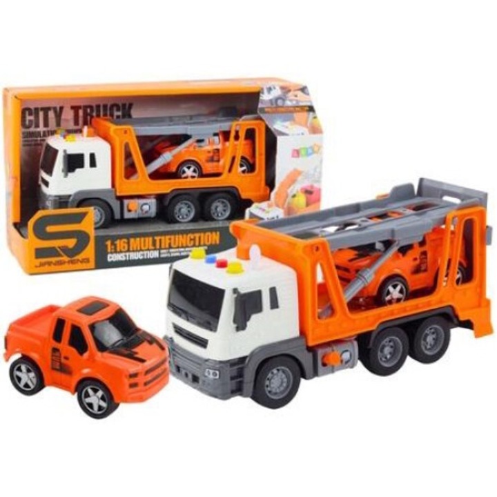 Camion cu remorca multifunctionala, leantoys, 1:16, efecte luminoase si sonore, portocalie, 27x12x10cm