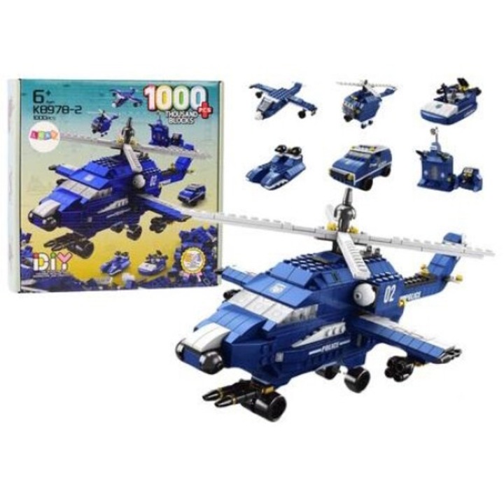 Set de constructie leantoys, Helicopter Politie 6 in 1, 1000 piese, albastru, 28x28x6cm