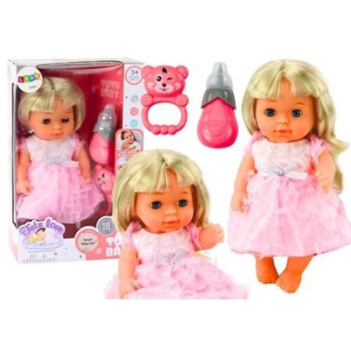 Papusa leantoys cu functie de siusiu, sunete, roz pal, 28x14x9cm