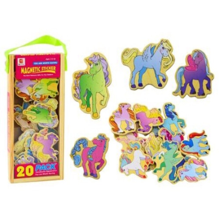 Set 20 Magneti Lemn leantoys, Unicorni Colorati, Multicolor, 28x12x3cm