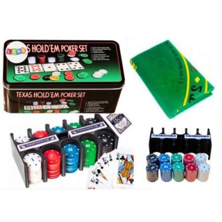 покер комплект leantoys, 2 пакета карти, цветни чипове, дъска за игра, 90x60x1 см