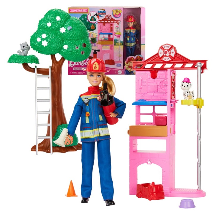 Papusa Barbie Cariera Pompier, Mattel, set cu remiza si accesorii, multicolor