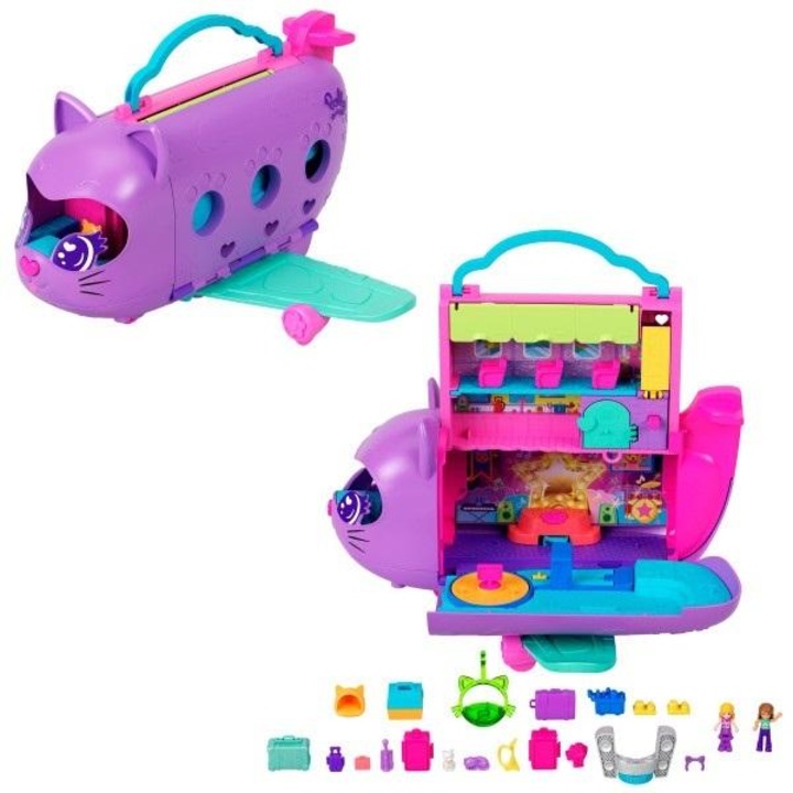 Комплект Polly Pocket, Mattel, коте самолет, 2 микрокукли, 19 аксесоара, многоцветни