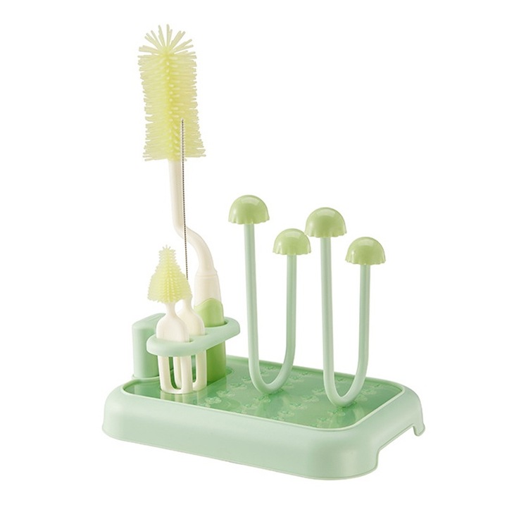 Set suport uscare si perii curatare biberoane Momcbebe, capacitate mare, drenare rapida, detasabil, verde menta, 30.5cm