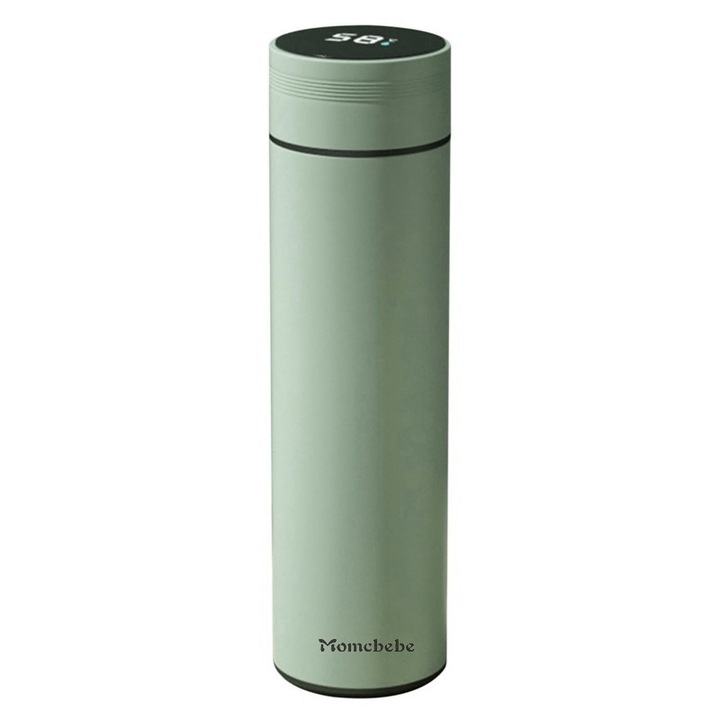 Cana termos Momcbebe cu afisaj temperatura inteligent, filtru ceai, izolare termica 6-12 ore, verde, 480ml, 6.5x23cm