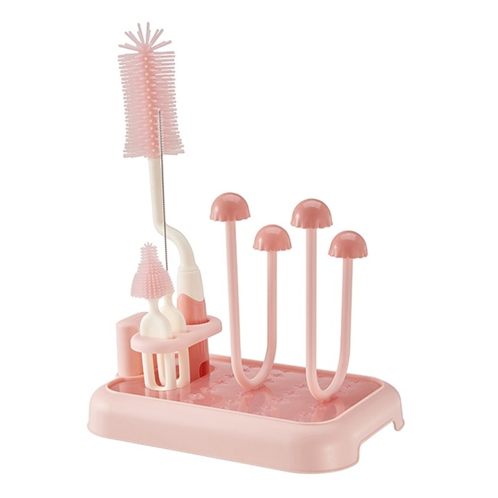 Set suport de scurgere si perii pentru biberoane Momcbebe, capacitate mare, drenare rapida, detasabil, roz, 30.5cm