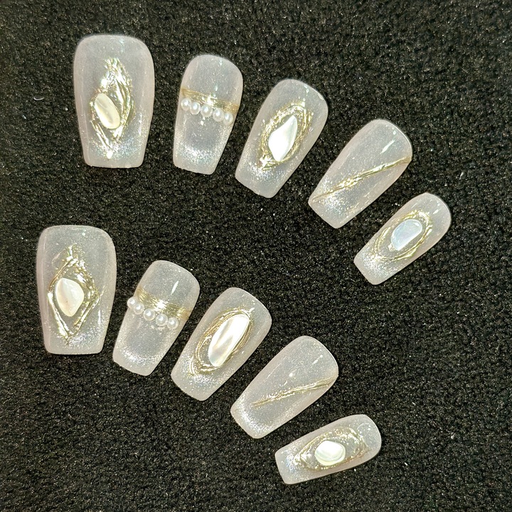 Kézzel készített rányomható műköröm, Többszínű, Shell, L-es méret, 10 db-os készlet.