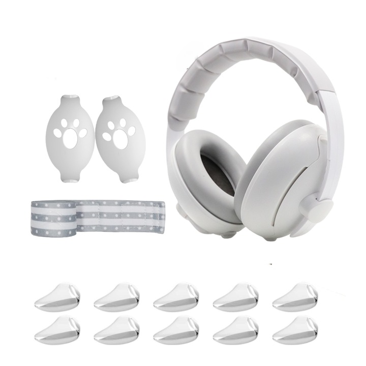 2 in 1 casti de anulare a zgomotului pentru copii si bebelusi, Set protectie auditiva pentru copii, 25dB Reducere Zgomot, 10 Colturi Protectie Silicon Transparente, Ajustare Automata, Alb cu Banda Gri