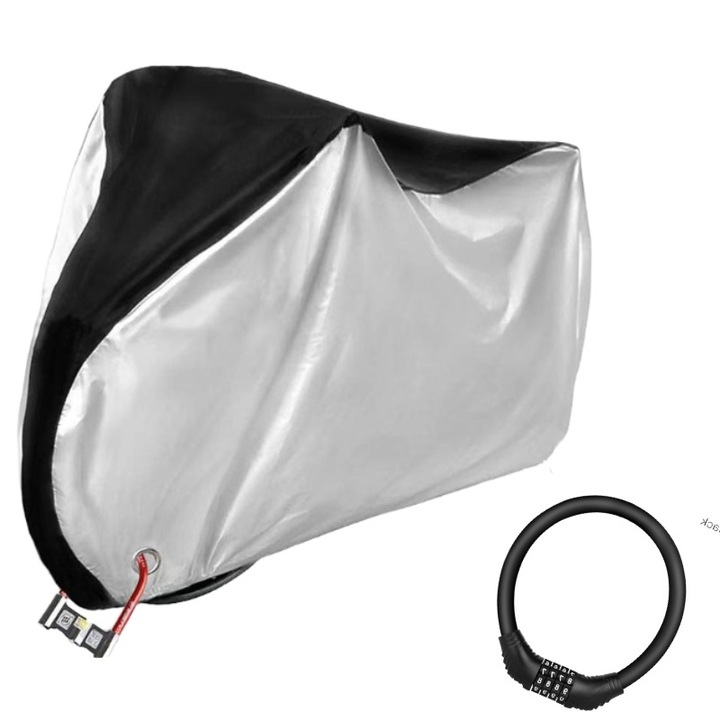 Husa protectie bicicleta impermeabila, 210D Oxford, UV, praf, cu lacat combinatie, 200x70x110cm, negru/argintiu, set