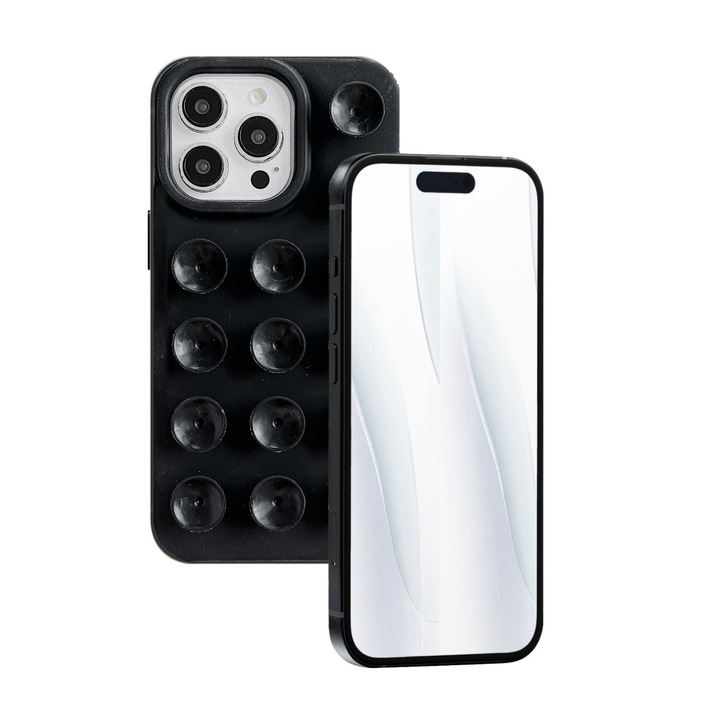 FanFox™ tok iPhone 15 Pro készülékhez, Tapadókorongok vannak a felületen, Fekete, könnyen rögzíthető sík felületekre, prémium puha szilikon