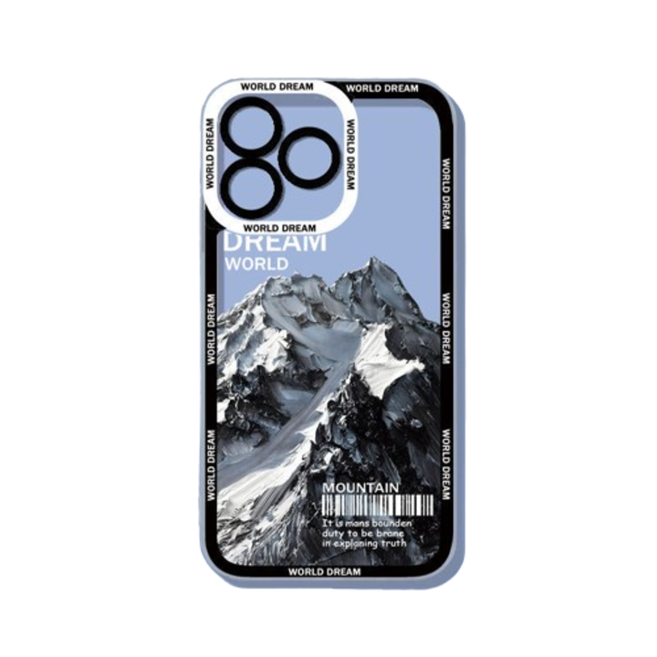 Калъф FanFox™ за IPhone 15, Снежна планина, черно/бяло, първокласен мек силикон, микрофибър отвътре, повдигнати ръбове за защита на екрана и камерата
