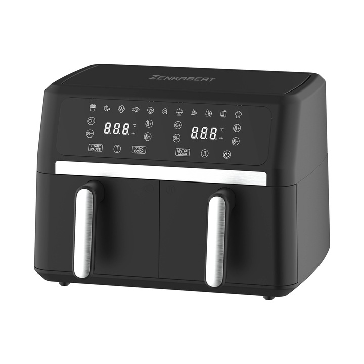 Фритюрник Zenkabeat V2 Ultimate Dual-Pot, 3400W, 9л капацитет, 11 предварително зададени програми, Deep-Fry технология, Регулируема температура 80-200°C, Таймер 0-60 минути, Подвижни тенджери, Цифров дисплей, Черен