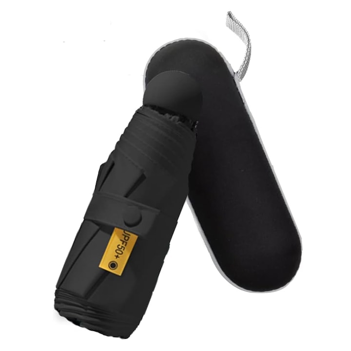 Umbrela pliabila, Hggzeg, Structura 6 spite, Husa inclusa, Protectie ploaie sau soare, Rezistenta vant, Design modern, Compacta si portabil, Durabila, Pentru femei si barbati, Inox/Panza, 98x58cm, Negru