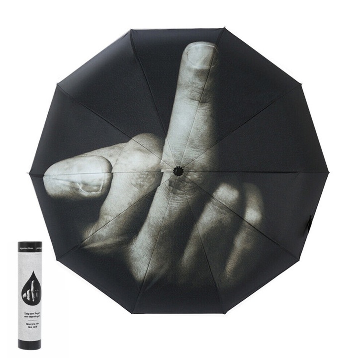 Сгъваем чадър, Hggzeg, модел "среден пръст", структура с 8 спици, включен капак, защита от дъжд или слънце, устойчив на вятър, компактен и преносим, за жени и мъже, желязо/платно, 98x56 см, черен