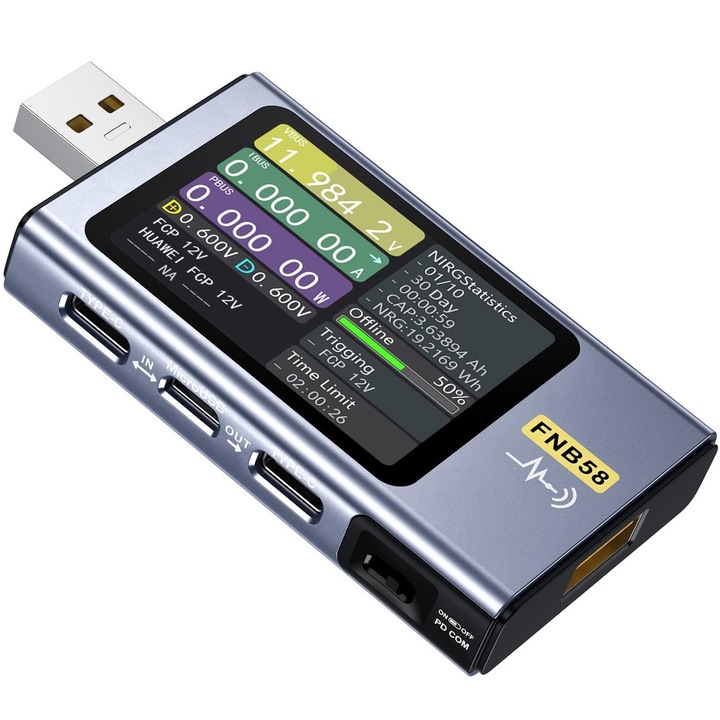 USB тестер Hggzeg, FNB58, Измерва ток и напрежение, Измерване на вътрешно съпротивление на кабела, За USB Type-C, Type-B или micro USB, Технология за бързо зареждане PD PPS QC VOOC, Bluetooth, Син