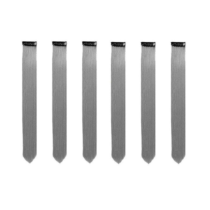 Extensii de Par False 22 Inch, Gri Inchis, 6 Bucati - Rezistente la Caldura, Usor de Aplicat si Indepartat, Ideal pentru Halloween, Cluburi si Festivaluri