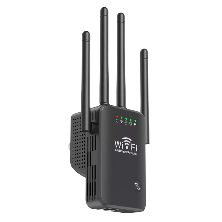 Amplificator Semnal Wireless, WowStep®, Range Extender Retea WiFi, 4 Antene cu Technologie MIMO, Retea 2.4 Hz, Transfer 300 Mbps, Conexiune WEP, WPA si WPA2, Slot LAN, Negru