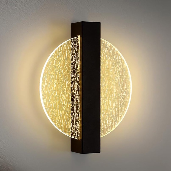 Fali lámpa, Goeco, Akril, Fekete, Kerek, 12W, 1500LM, 25×20×4,5cm, Meleg fény, 220V, Arany vezetékkel