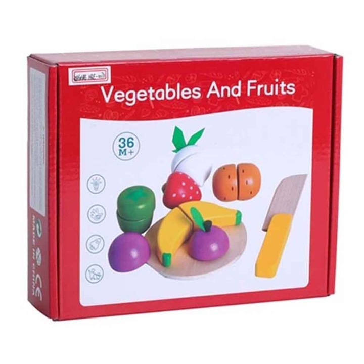 Set bucatarie copii, Fructe de taiat, Lemn, Multicolor, 3+