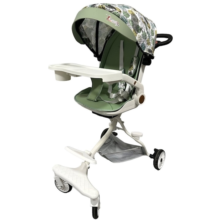 Carucior sport 3in1, 6-36 luni, reversibil, pliabil, tavita, centura de siguranta, copertina soare, verde, model frunze, Avaleea