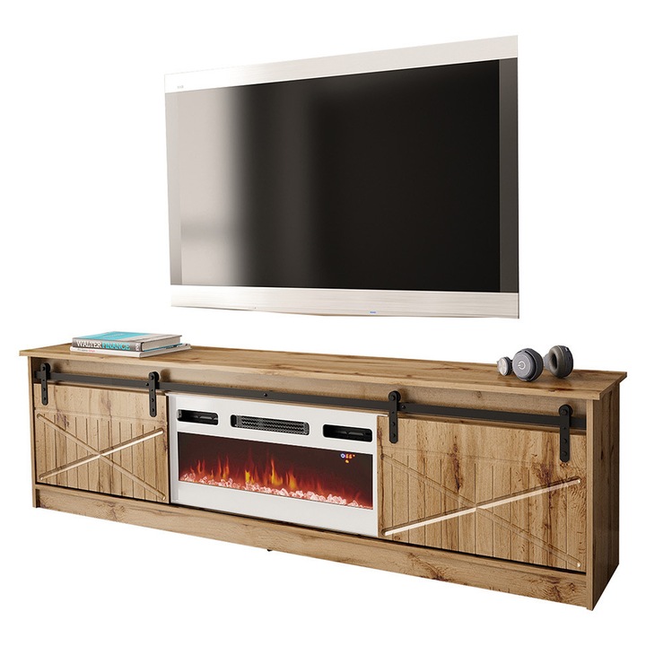 Comoda TV cu semineu Sarinero, MIRJAN24, stejar wotan + alb, 200x57x35 cm