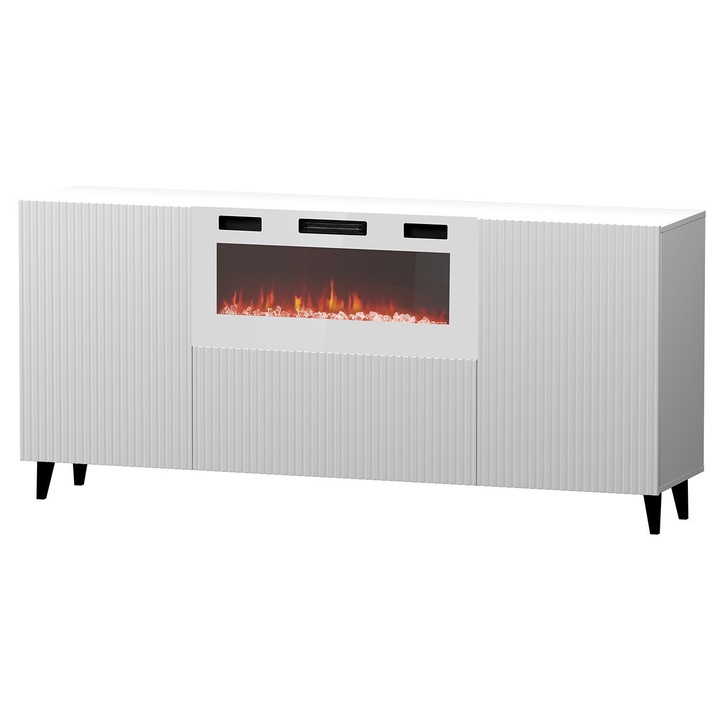 Comoda cu semineu Sinenko, MIRJAN24, alb + negru lucios, 42x181x83 cm