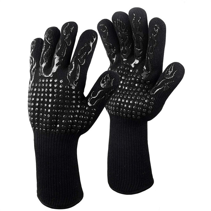 2 db hőálló konyhai kesztyű készlet, csúszásmentes, fekete, 13x31x10cm