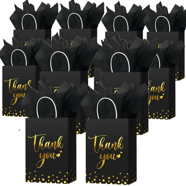 Set 30 Pungi Cadou din Hartie Multumesc EZGETOP®, 22 x16x8 cm cu maner rasucit pentru ambalaje de tipul: cumparaturi, cadou, negru si auriu