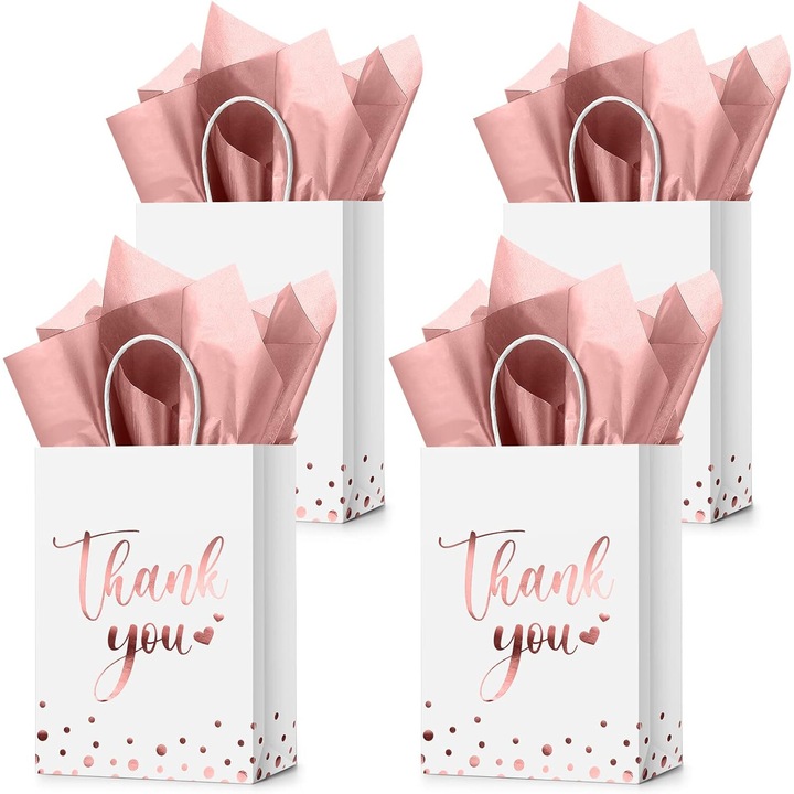 Комплект от 30 хартиени подаръчни торбички Thank You EZGETOP, 22 x16x8 см с усукана дръжка за опаковане от типа: пазарска, подаръчна, Бял