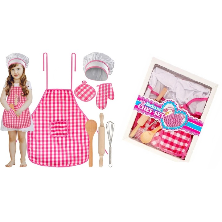 Set bucatarie pentru copii Kruzzel, 7 piese, roz cu alb, 41x50cm