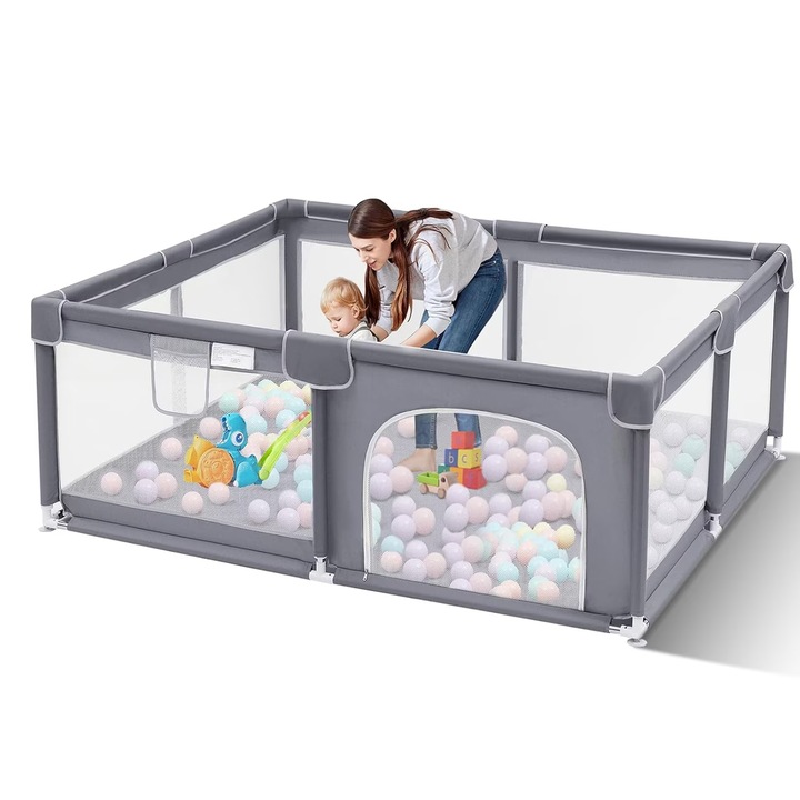 Кошара за деца, Сива, 150x180 см, защитени ъгли, здрава конструкция от еластична и мека мрежа, с предпазна мрежа и врата с цип, Сива